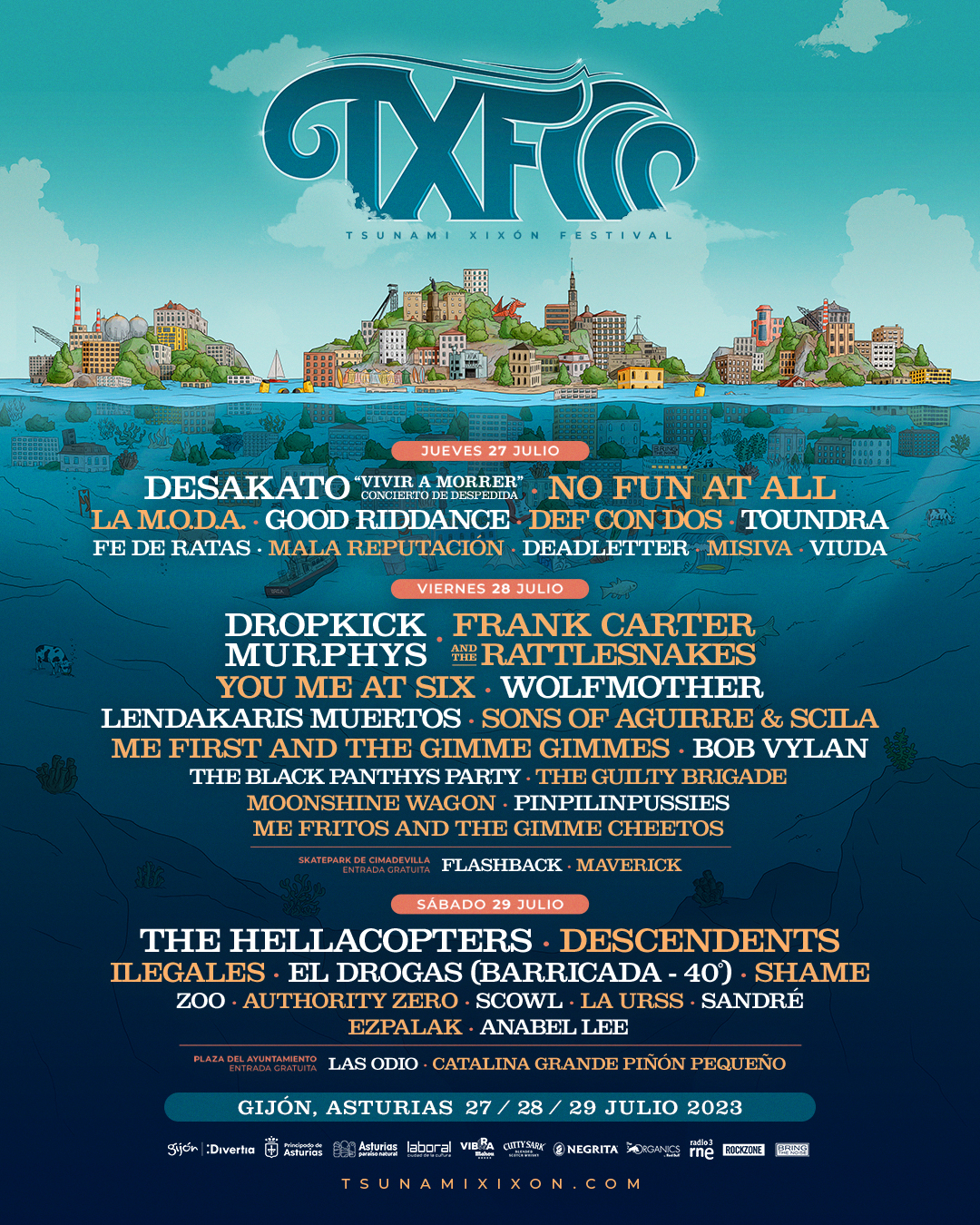 Lendakaris Muertos, Sons of Aguirre & Scila y Fe de Ratas se unen al Tsunami Xixón Festival 2023